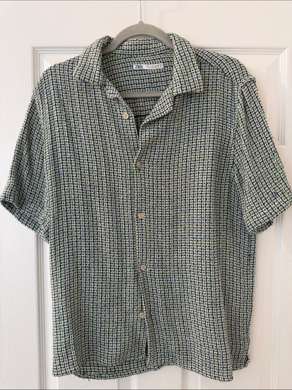 Zara Men's Short-Sleeve Green Check Button-Down Shirt